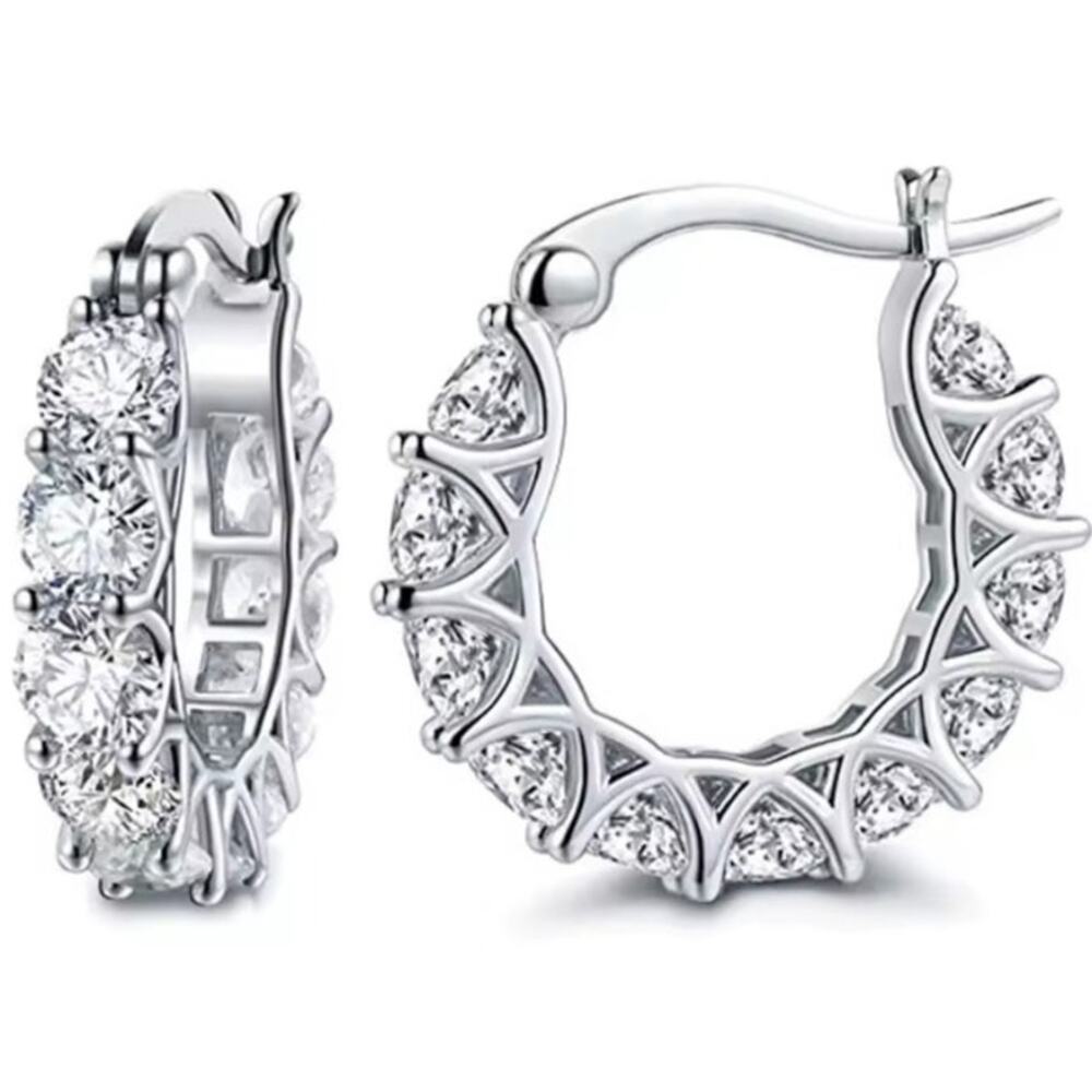 925 Silver Plated CZ Diamonds Hoop Earrings Lever Back Womens Birthday Gift